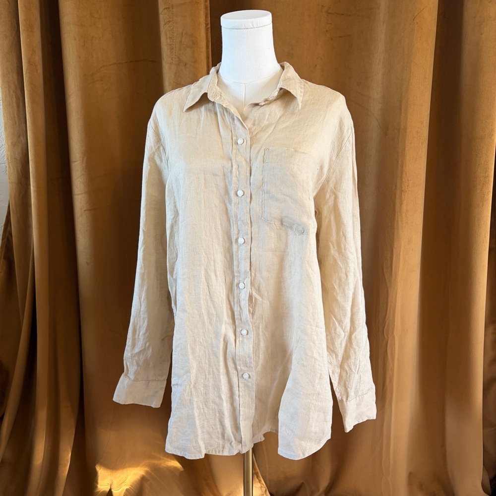 Coastal Old Money Beige Linen Boyfriend Shirt Minimalist Chic Gap Top